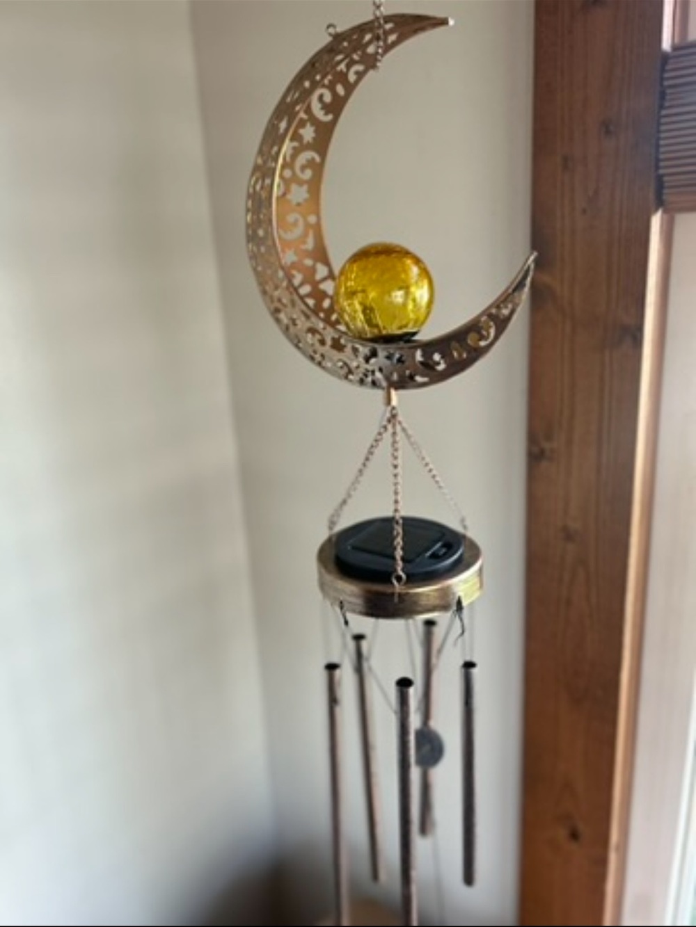 Gold Crescent Moon Wind Chime with Amber Glass Orb - Home Wall Decor